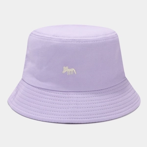 Detailed embroidery of a small fox on a lavender cotton bucket hat with stitching