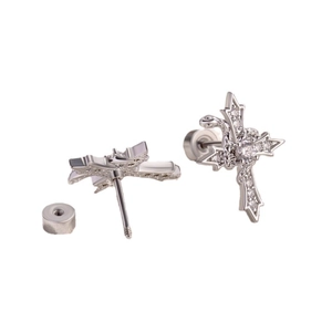Silver stainless steel cross stud earrings with clear crystals and screw back closure
