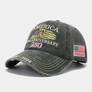 Detail of USA 250th anniversary embroidery and flag patch on washed gray baseball cap