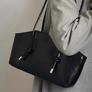 Minimalist Glossy PU Leather Shoulder Bag For Women Large Capacity Commuter Underarm Bag With Knotted Strap And Metal Tips