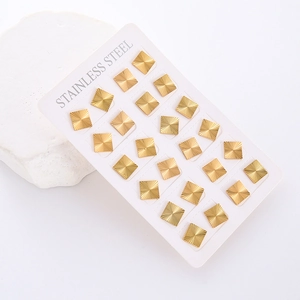 12 pairs of square golden stainless steel stud earrings with textured radial patterns