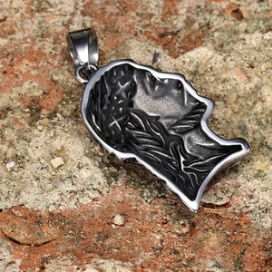 Hip hop punk titanium steel old man head pendant necklace on red rock background