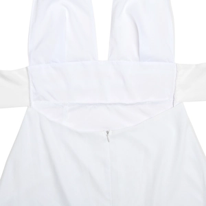Detail view of smooth white fabric with back invisible zipper and stitching on the dress