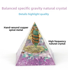 Detail of orgonite pyramid with green crystal pillar, copper coil and gemstone chips