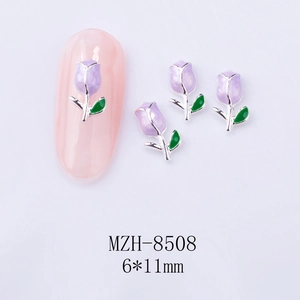 Close-up of 6x11mm tulip nail art charm with purple enamel and silver alloy base