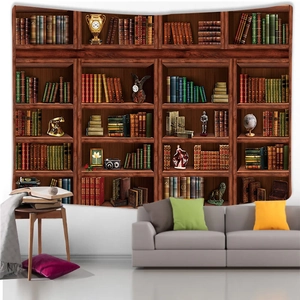 Detail of vintage bookshelf tapestry featuring old cameras and globes in a living room