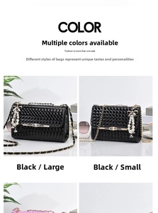 Detail of black woven shoulder bag with gold chain and elegant pearl bow charms