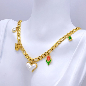 Gold Plated Stainless Steel Necklace And Bracelet Featuring Heart Faux Artificial Pearl Tulip Enamel Butterfly Zircon Charms