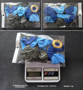 Blue and grey 14pcs Communion balloon set detail in packaging with gold ribbon
