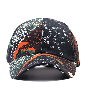 Front view of an abstract print baseball cap with geometric patterns and curved brim