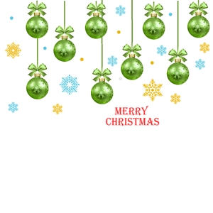 Detail of green Christmas ornaments with ribbons and Merry Christmas text on white background