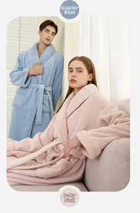Thick coral fleece couple bathrobes in Glacial Blue and Baby Pink colors shown in detail