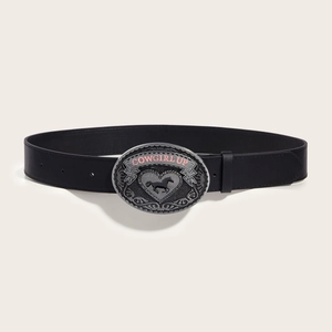 Punk style black PU leather belt for women with retro metal Cowgirl Up snap buckle