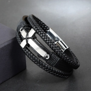 Men's retro braided black leather bracelet with silver cross and magnetic steel clasp