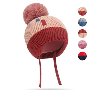 Kids Winter Knit Hat Fleece Lined Earflap Beanie With Faux Fur Pom Pom Warm Windproof Core Spun Yarn For Baby Toddler