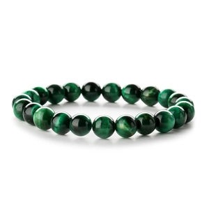 Natural dark green tiger eye stone bracelet with cat eye effect on white background