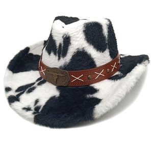 Western cowboy hat with cow print faux fur and bull head metal buckle detail