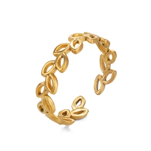 Adjustable gold stainless steel ring with elegant hollowed-out leaf pattern design