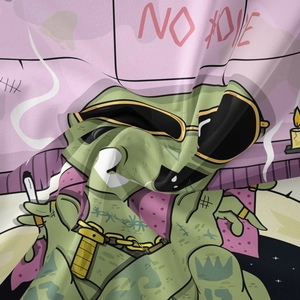 Close-up of hip-hop dinosaur tapestry featuring a gold chain and No Love graffiti art