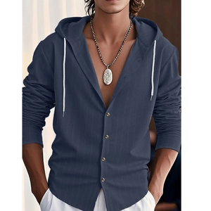 Close-up of navy blue striped men's hooded shirt showing fabric texture and drawstring detail