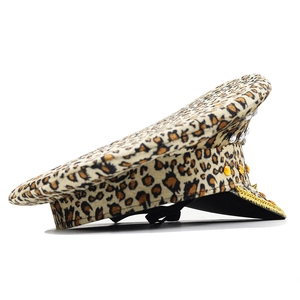 Detail view of leopard print captain hat with gold rope, rhinestones and metal studs