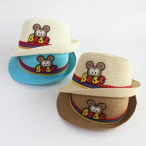 Kids summer straw sun hat with cartoon ears and colorful bands in four colors
