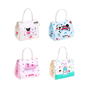 Portable thermal insulated lunch bag set with cute cartoon patterns and rope handles