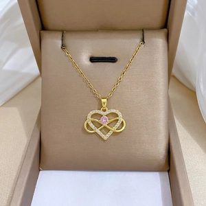 Heart Infinity Pendant Necklace Pink Zircon White Rhinestone In Copper Stainless Steel Gold Tone For Women