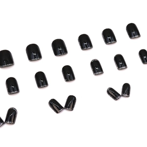 Elegant black french square press-on nails with silver glitter gradient and glossy finish