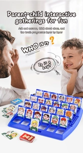 Father and child playing interactive Who Is It guessing game with blue flip tray cards
