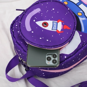 Toddler anti-lost space rocket backpack in purple with phone size comparison