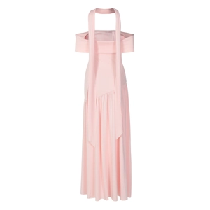 Pink off-shoulder maxi dress featuring halter straps and long side fabric drapes