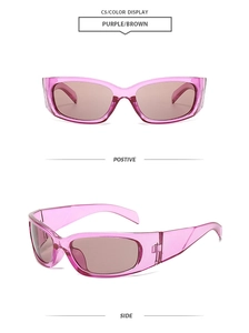 Vues détaillées de face et de profil de lunettes de soleil violettes aux verres marron