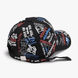 Black graffiti baseball cap with colorful street art letters and adjustable metal buckle