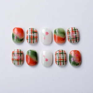 Vintage rose and plaid pattern 3D nail stickers set in retro green and orange tones.