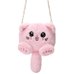 Pink plush cat shoulder bag with cartoon doll design and gold chain strap for women