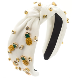 Serre-tête en tissu noué blanc avec strass en cristal et breloques d'ananas en émail