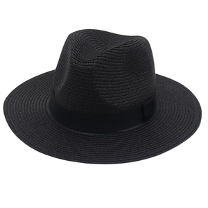 Detail of fine-woven texture on black Panama straw hat with a matching grosgrain ribbon