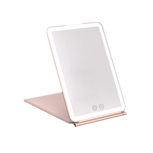 Pink folding LED travel makeup mirror with touch dimming on a clean white background