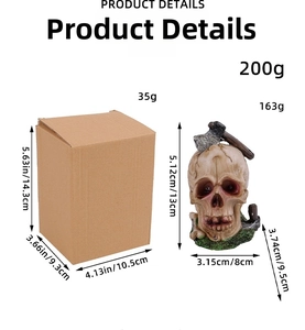 Detailed view of skull figurine with axe detail and size specs for Halloween decor