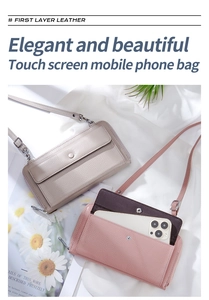Close-up of premium leather touch screen phone bags in beige and pink tones