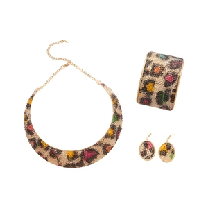 Golden leopard print jewelry set with colorful rhinestones and adjustable collar necklace