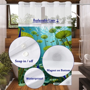 Detail of waffle shower curtain with snap-in liner, waterproof fabric, and magnetic hem