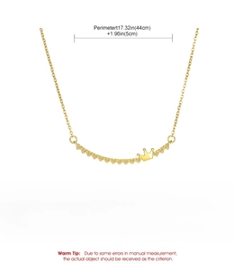 Detailed spec sheet for gold crown necklace with 44cm copper chain and 3.1g weight