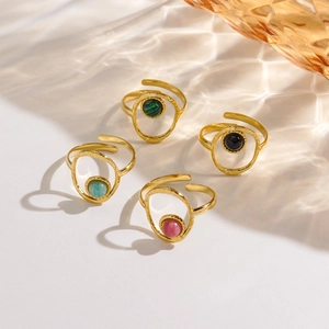 French Vintage Stainless Steel 14K Gold Plated Open Ring For Women Geometric Natural Stone Inlaid Adjustable Statement Jewelry Ring