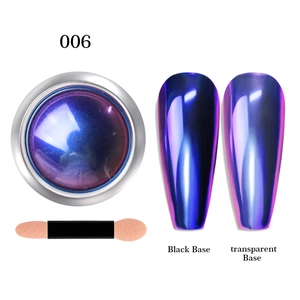 Macro shot of 006 chameleon nail powder showing purple-blue mirror effect on black base