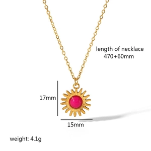 Detailed specs of sun pendant necklace with pink stone and 18k gold plated dimensions