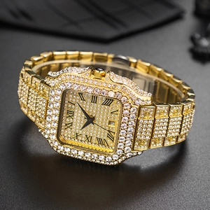 Luxury gold hip-hop square watch with full diamond setting and Roman numeral dial
