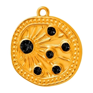 Polished 18k gold irregular pendant with radial lines and six black gemstones