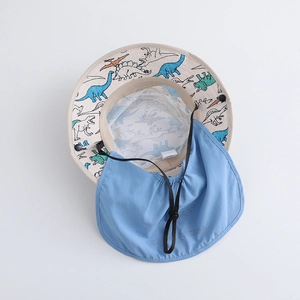 Detail of kids dinosaur sun hat with breathable mesh and protective neck flap